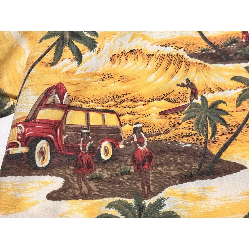 Vintage 80s Kalena Fashions Yellow Surfer Woody Wagon Hawaiian Shirt Size XL